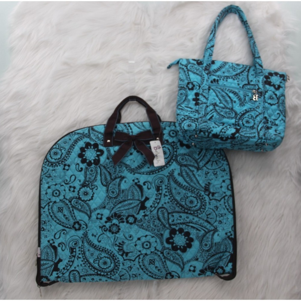 Belvah Quilted Blue Brown Paisley Hanging Garment Bag NWT & Medium Tote Set